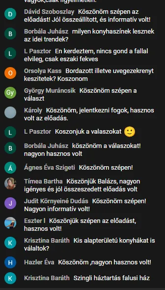 Élő chat részlet egy korábbi előadásról: nézői kérdések és köszönetek